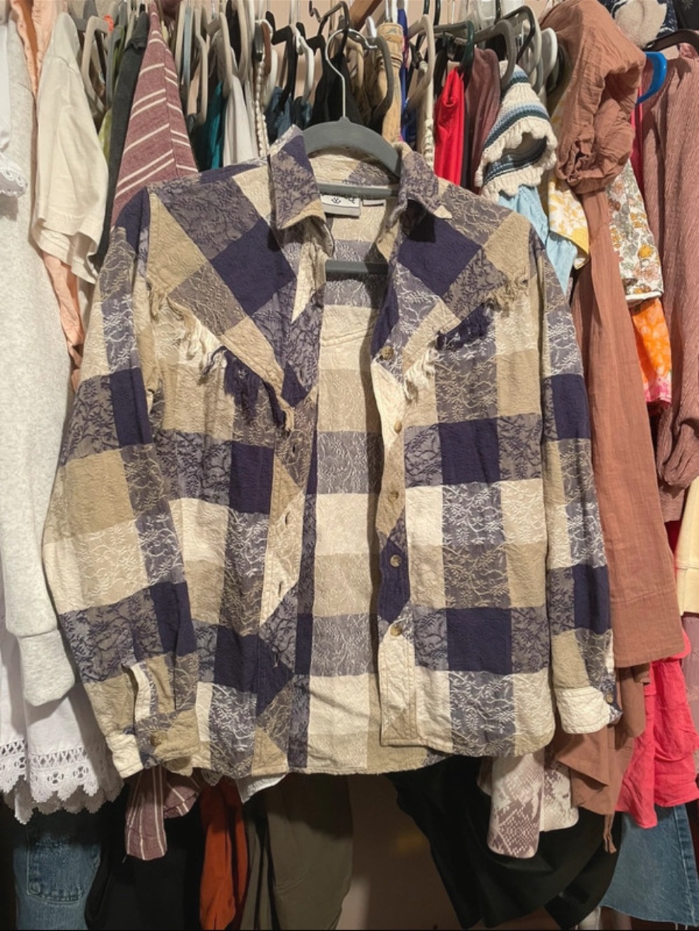 Side Saddle small western wear country cowgirl patchwork fringe flannel buttonup
